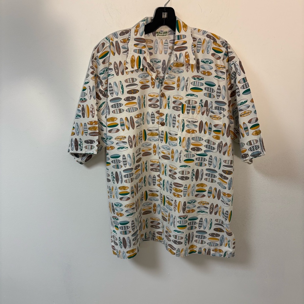 Natur Paradise Men's Surfboard Print Shirt Short Sleeve Cotton XL